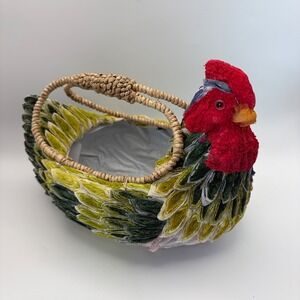 Vintage Style Handcrafted Chicken Rooster Basket Green Red Woven Farmhouse Decor